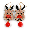 Christmas Sequin Felt/ Fabric Reindeer Drop Earrings In Gold Tone - 65mm Long