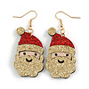 Christmas Sequin Felt/ Fabric Santa Claus Red/ Gold Drop Earrings In Gold Tone - 60mm Tall