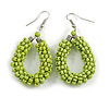 Lime Green Glass Bead Loop Drop Earrings In Silver Tone - 60mm Long