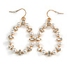 Oval White Glass Pearl Bead, Clear CZ Hoop Drop Earrings In Gold Tone Metal - 55mm Long