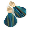Trendy Stripy Acrylic Teardrop Earrings In Gold Tone (Teal/ Blue/ Glitter Gold) - 75mm Long