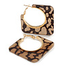Trendy Taupe/ Black Animal Print Square Acrylic Hoop Earrings In Gold Tone - 45mm Tall - Medium