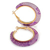 Trendy Lavender/ Purple Floral Print Acrylic Hoop Earrings In Gold Tone - 43mm Diameter - Medium