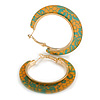 Trendy Orange/ Green Floral Print Acrylic Hoop Earrings In Gold Tone - 43mm Diameter - Medium