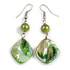 Green Shell Bead Drop Earrings In Silver Tone - 60mm Long
