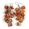 Burnt Orange Shell Composite Cluster Dangle Earrings in Silver Tone - 70mm L