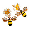 Cute Crystal Enamel Flower and Bee Drop Earrings In Gold Tone - 30mm Long