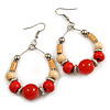 Red Ceramic/ Natural Wood Bead Hoop Earrings In Silver Tone - 70mm Long
