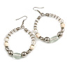 White/ Silver/ Transparent Ceramic/ Glass Bead Hoop Earrings In Silver Tone - 80mm Long