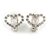Clear Crystal Open Heart Clip On Earrings In Silver Tone Metal - 17mm Across