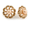 Bronze Crystal Cream Faux Pearl Flower Stud Earrings In Gold Tone - 18mm D