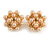 Peach Cream Faux Pearl Bronze Crystal Round Stud Earrings In Gold Tone - 22mm Diameter