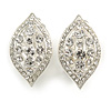 Clear Crystal Leaf Clip On Earrings In Silver Tone - 28mm Tall