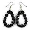 Black Wood and Glass Bead Oval Drop Earrings In Silver Tone - 55mm Long