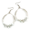 Snow White/ Transparent Ceramic/ Glass Bead Hoop Earrings In Silver Tone - 70mm Long