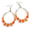 Orange/ Transparent Ceramic/ Glass Bead Hoop Earrings In Silver Tone - 70mm Long