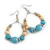 Light Blue Ceramic/ Natural Wood Bead Hoop Earrings In Silver Tone - 70mm Long