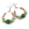 Mint/ Green Ceramic/ Natural Wood Bead Hoop Earrings In Silver Tone - 70mm Long