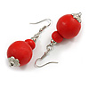 Fire Red Double Bead Wood Drop Earrings In Silver Tone - 60mm Long