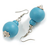 Pastel Blue Double Bead Wood Drop Earrings In Silver Tone - 60mm Long