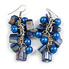 Royal Blue/ Navy Blue Glass Bead, Shell Nugget Cluster Dangle/ Drop Earrings In Silver Tone - 60mm Long