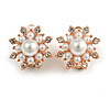 Clear Crystal Faux Pearl Snowflake Clip On Earrings In Gold Tone - 17mm Diameter