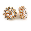 Clear Crystal Faux Pearl Floral Clip On Earrings In Gold Tone - 20mm Diameter