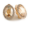 Stunning Light Topaz Oval Cut Glass Stone with Clear Crystal Clip On Earrings In Gold Tone - 18mm Tall