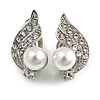 Clear Crystal Faux Pearl Leaf Clip On Earrings In Aged Silver Tone - 23mm L