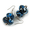 Blue/ Black/ White Double Bead Wood Drop Earrings In Silver Tone - 55mm Long