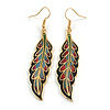 Multicoloured Enamel Leaf Drop Earrings In Gold Tone - 70mm Long