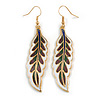 Multicoloured Enamel Leaf Drop Earrings In Gold Tone - 70mm Long