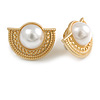 27mm Gold Tone Half Moon White Faux Pearl Bead Clip On Earrings
