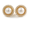 20mm Gold Ton White Faux Pearl Button Clip On Earrings Retro Style