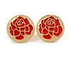 20mm Gold Tone Round with Red Enamel Rose Motif Stud Earrings
