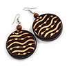 Brown Wooden Round Disk Drop Earrings with Lines and Dots Pattern - 70mm Long