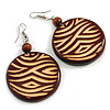 Dark Brown Wooden Round Disk Drop Earrings with Curvy Lines Pattern - 70mm Long