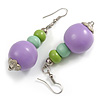 Graduated Lilac/Mint/Lime Green Painted Wood Bead Drop Earings - 65mm Long
