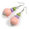 Graduated Pink/Lime Green/Lilac Painted Wood Bead Drop Earings - 65mm Long