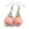 Pastel Pink Painted Wood and Silver Acrylic Bead Drop Earrings - 55mm L