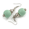 Mint Painted Wood and Silver Acrylic Bead Drop Earrings - 55mm L