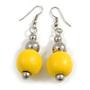 Yellow Painted Wood and Silver Acrylic Bead Drop Earrings - 55mm L