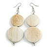 Long White Washed Double Round Wood Bead Drop Earrings - 8cm L