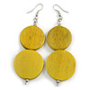 Long Antique Yellow Painted Double Round Wood Bead Drop Earrings - 8cm L