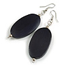 Dark Blue Wood Oval Drop Earrings - 70mm L