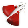 Red Painted Wood Fan Shape Drop Earrings - 55mm L