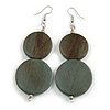Long Antique Grey Painted Double Round Wood Bead Drop Earrings - 8cm L