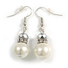White Glass Pearl/ Hematite Bead with Crystal Ring Drop Earrings in Silver Tone/ 40mm L