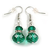 Green Double Glass with Crystal Ring Drop Earrings In Silver Tone - 40mm L