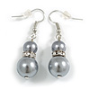 Grey Glass Pearl Bead with Crystal Ring Drop Earrings in Silver Tone/ 40mm L